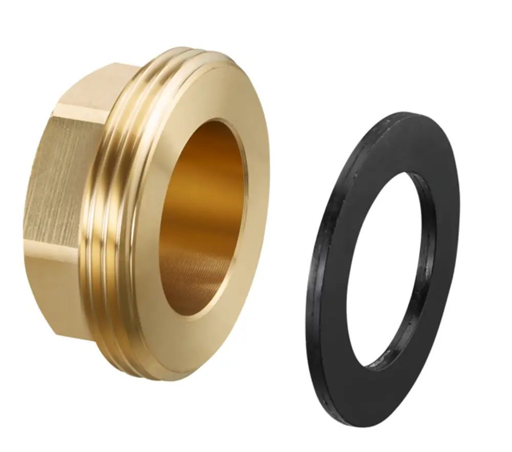 Oventrop Verschlussstopfen, bestehend aus einem goldenem Metallgehäuse und einem schwarzen Dichtungsring, zum Abdichten eines Heizkreisanschlusses.